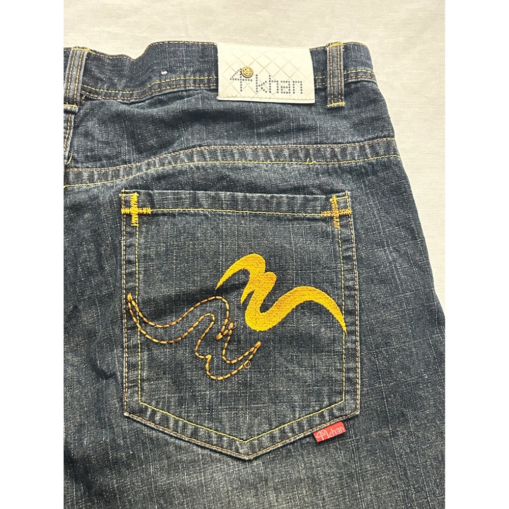 Akademiks Khan Men 40 Dark Wash Denim Shorts Baggy Y2K Streetwear Yellow Stitch - Picture 9 of 9